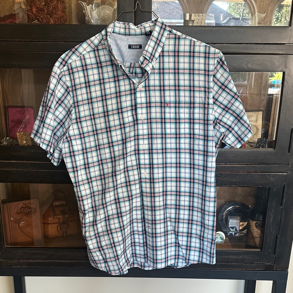 Izod Men's Casual Plaid Shirt - Blue, Green, and White XL